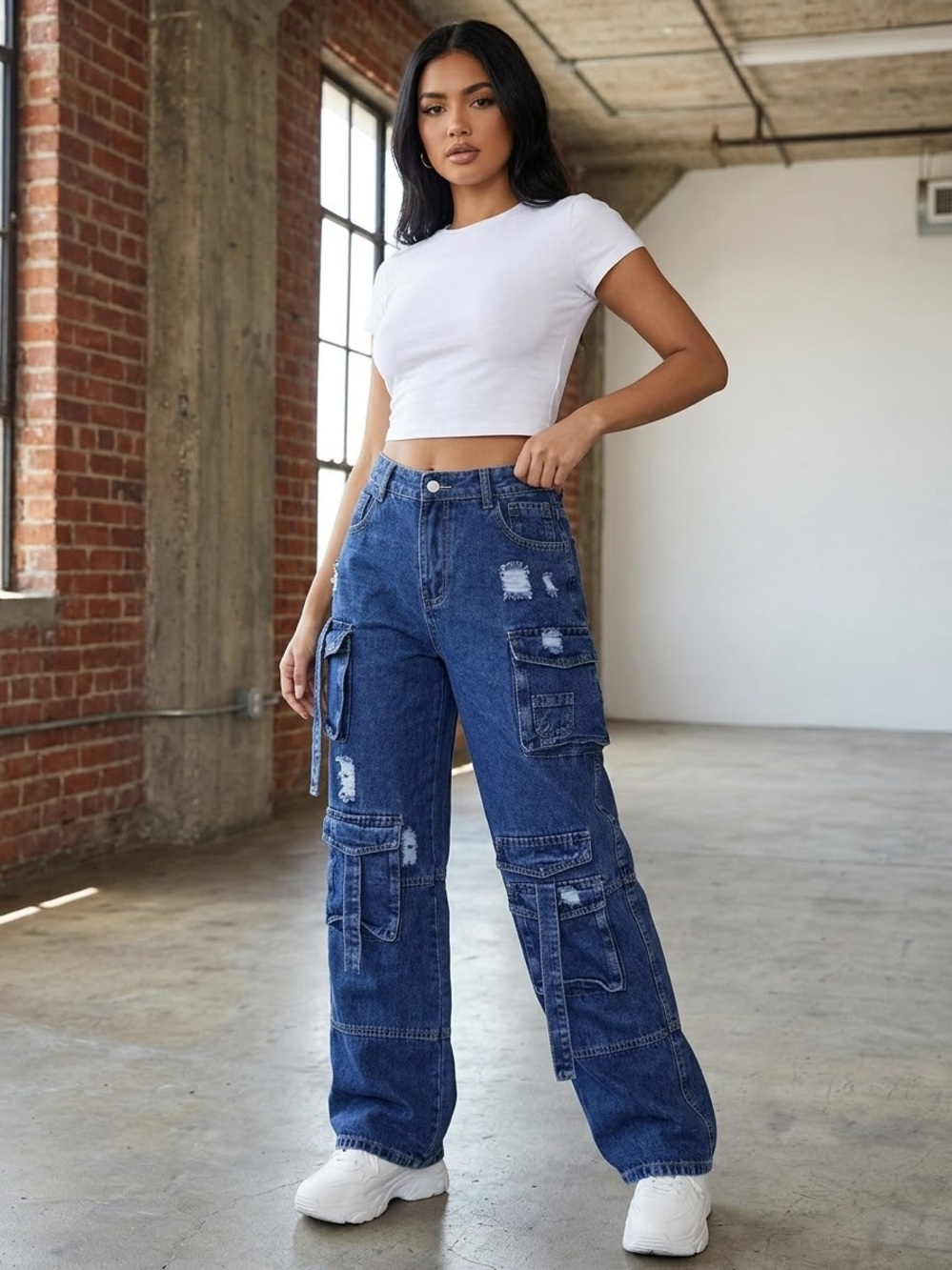 Y2K Distressed Multi Pocket Cargo Jeans Baggy Wide Leg Strap Detail Size XL